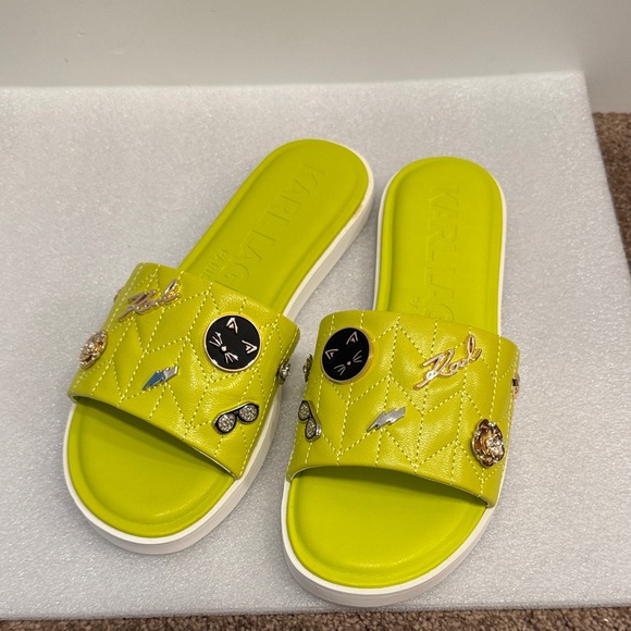 Karl Lagerfeld Shoes - Karl Lagerfeld Lime Green Quilted Slide Sandals with Charms